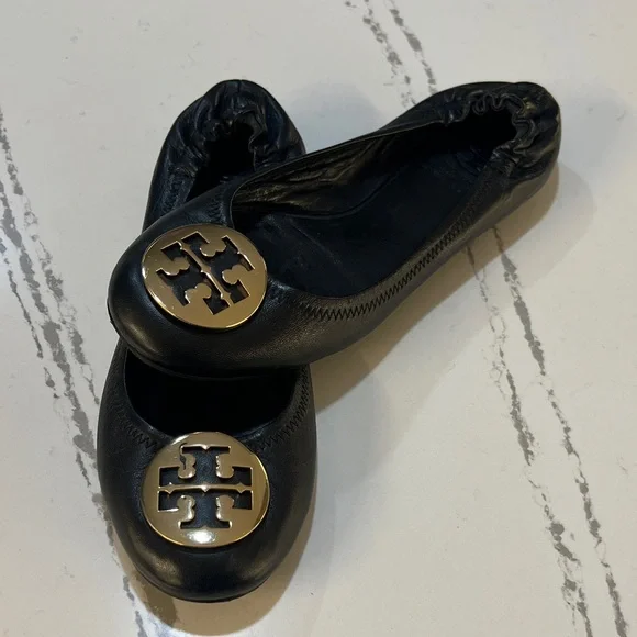Tory Burch Reva leather Ballet Black Flats with Gold Logo size 8M - Picture 13 of 16